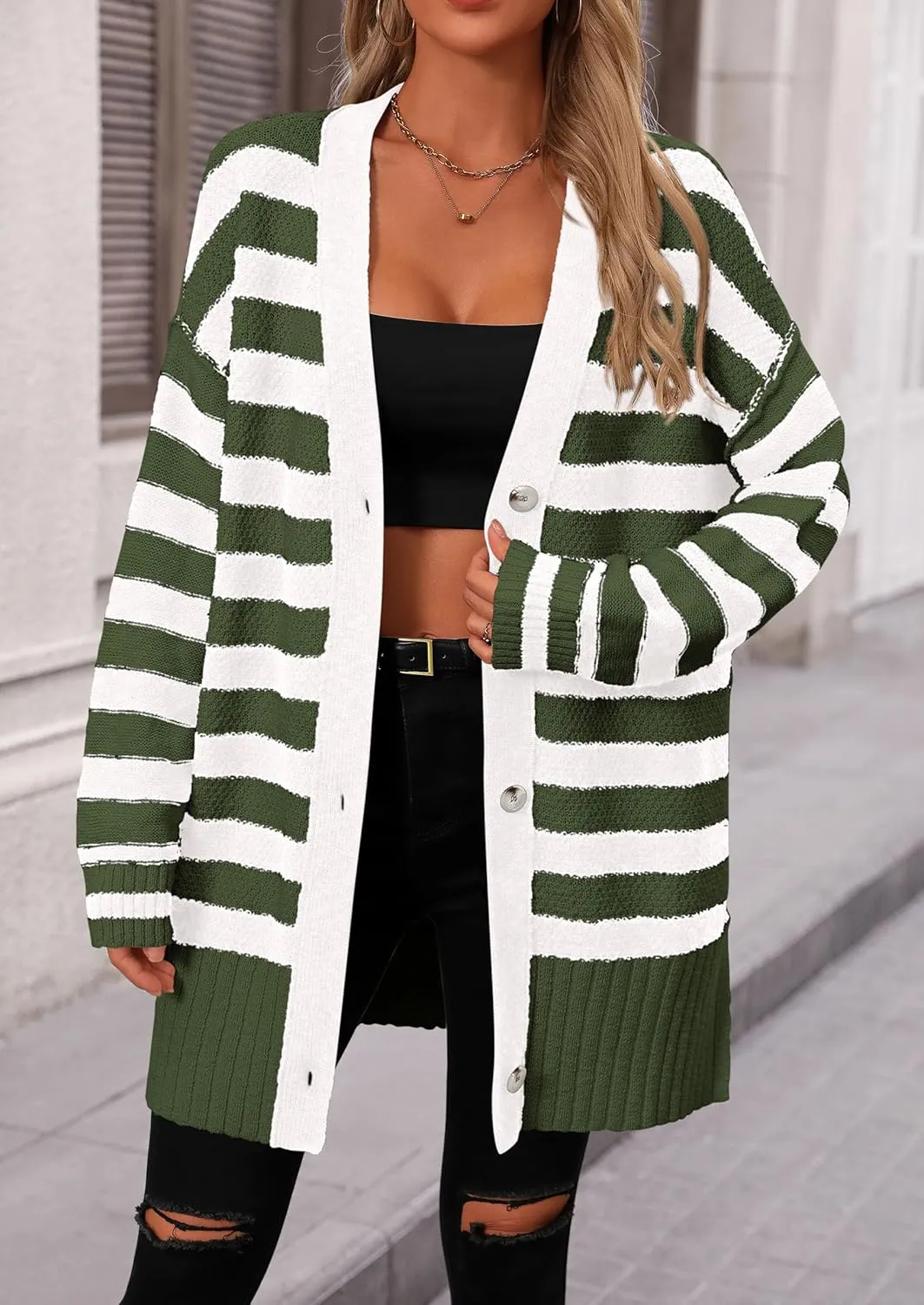PRETTYGARDEN Women's Winter Striped Cardigan Sweaters Long Sleeve Button Down Open Front Chunky Knit Oversized Sweater Coat