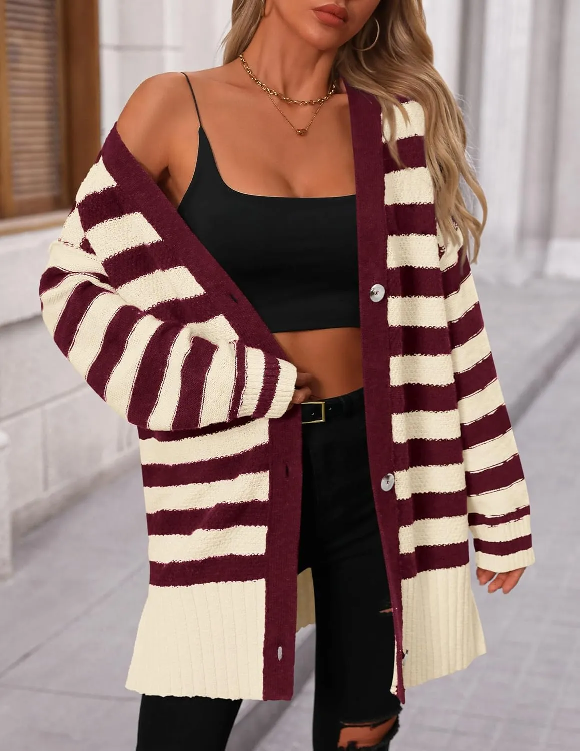 PRETTYGARDEN Women's Winter Striped Cardigan Sweaters Long Sleeve Button Down Open Front Chunky Knit Oversized Sweater Coat