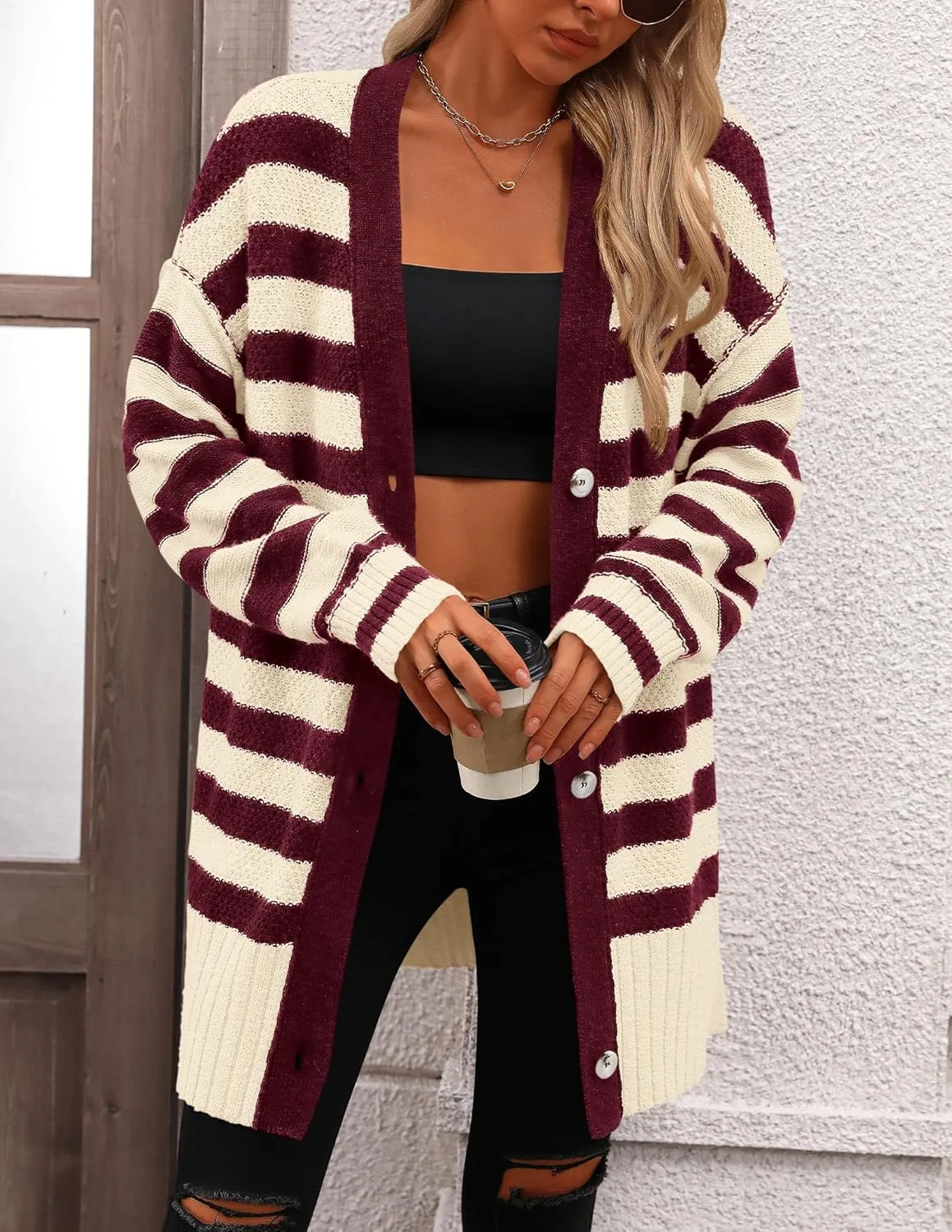 PRETTYGARDEN Women's Winter Striped Cardigan Sweaters Long Sleeve Button Down Open Front Chunky Knit Oversized Sweater Coat