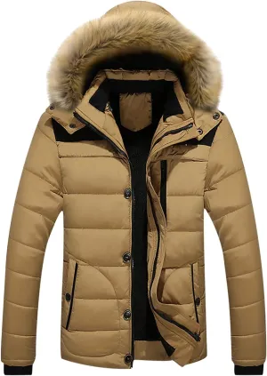 Puffer Jacket Men Fur Hood Winter Coat Zip up Padded Coat Warm Down Jacket Quilted Insulated Jacket Thermal Outwear