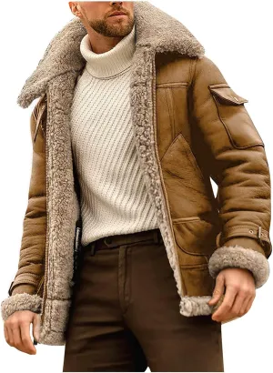 Puffy Jackets Winter Coat For Men Faux Suede Fur Jacket Lapel Heavyweight Thicken Thermal Sherpa Lined Overcoat