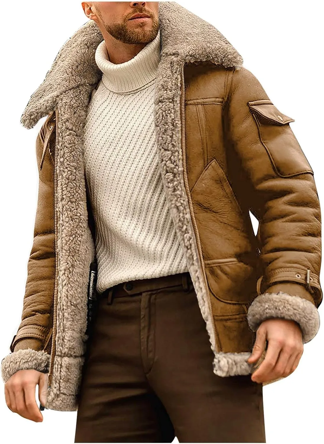 Puffy Jackets Winter Coat For Men Faux Suede Fur Jacket Lapel Heavyweight Thicken Thermal Sherpa Lined Overcoat