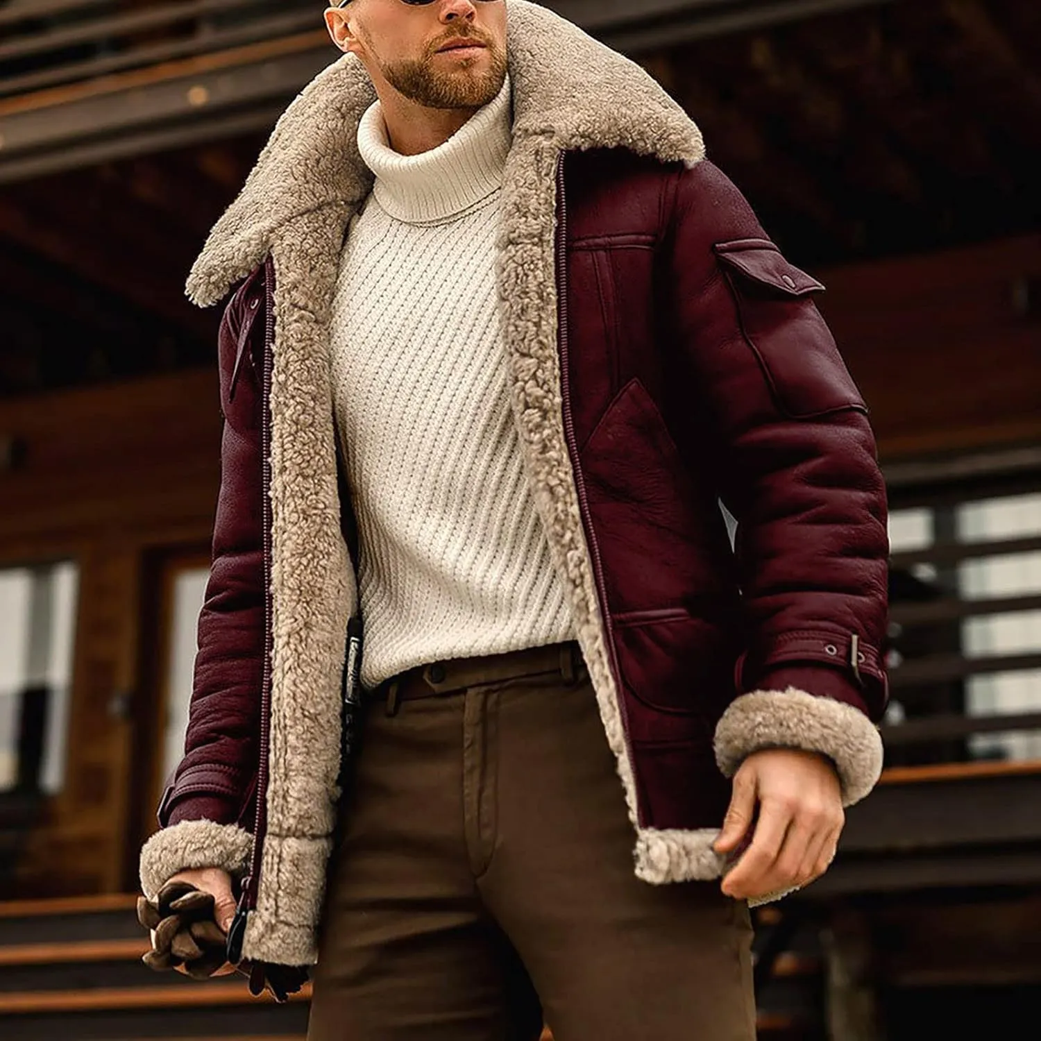 Puffy Jackets Winter Coat For Men Faux Suede Fur Jacket Lapel Heavyweight Thicken Thermal Sherpa Lined Overcoat