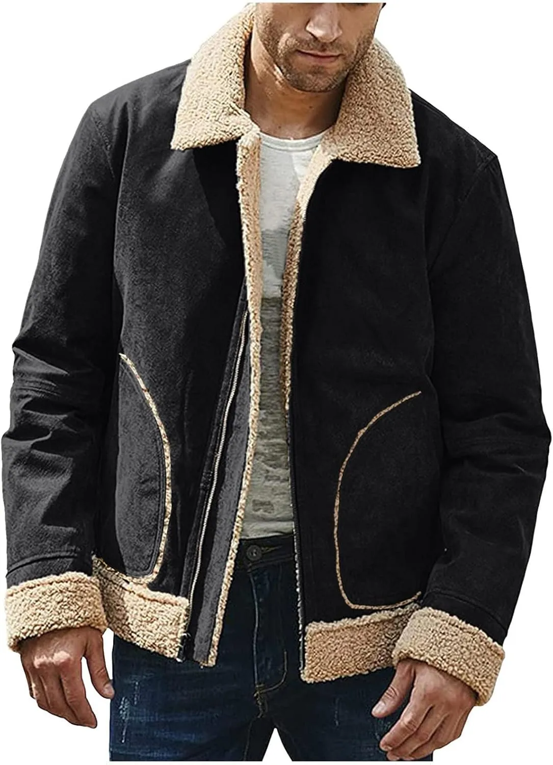 Puffy Jackets Winter Coat For Men Faux Suede Fur Jacket Lapel Heavyweight Thicken Thermal Sherpa Lined Overcoat
