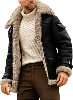 Puffy Jackets Winter Coat For Men Faux Suede Fur Jacket Lapel Heavyweight Thicken Thermal Sherpa Lined Overcoat