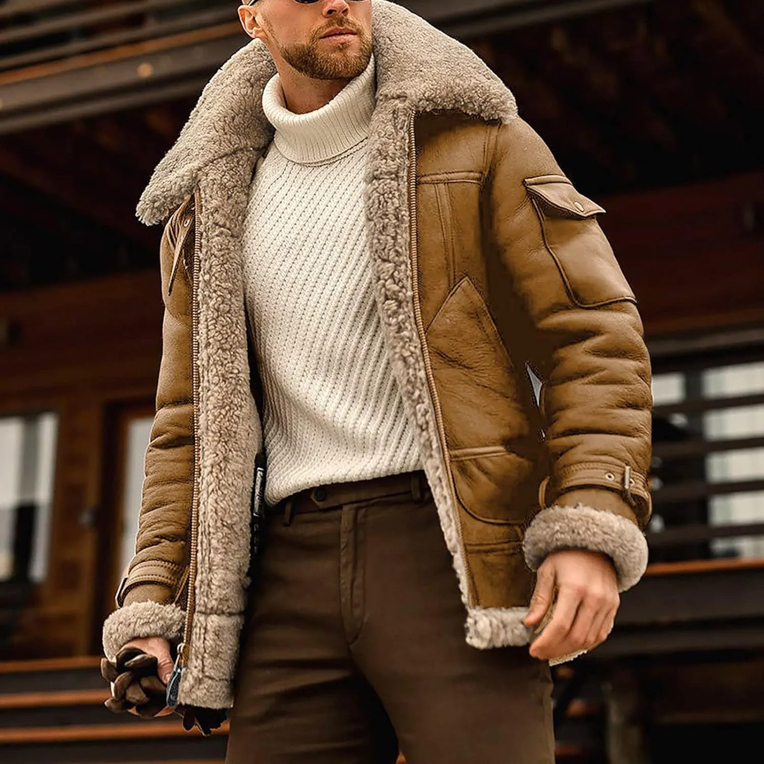 Puffy Jackets Winter Coat For Men Faux Suede Fur Jacket Lapel Heavyweight Thicken Thermal Sherpa Lined Overcoat