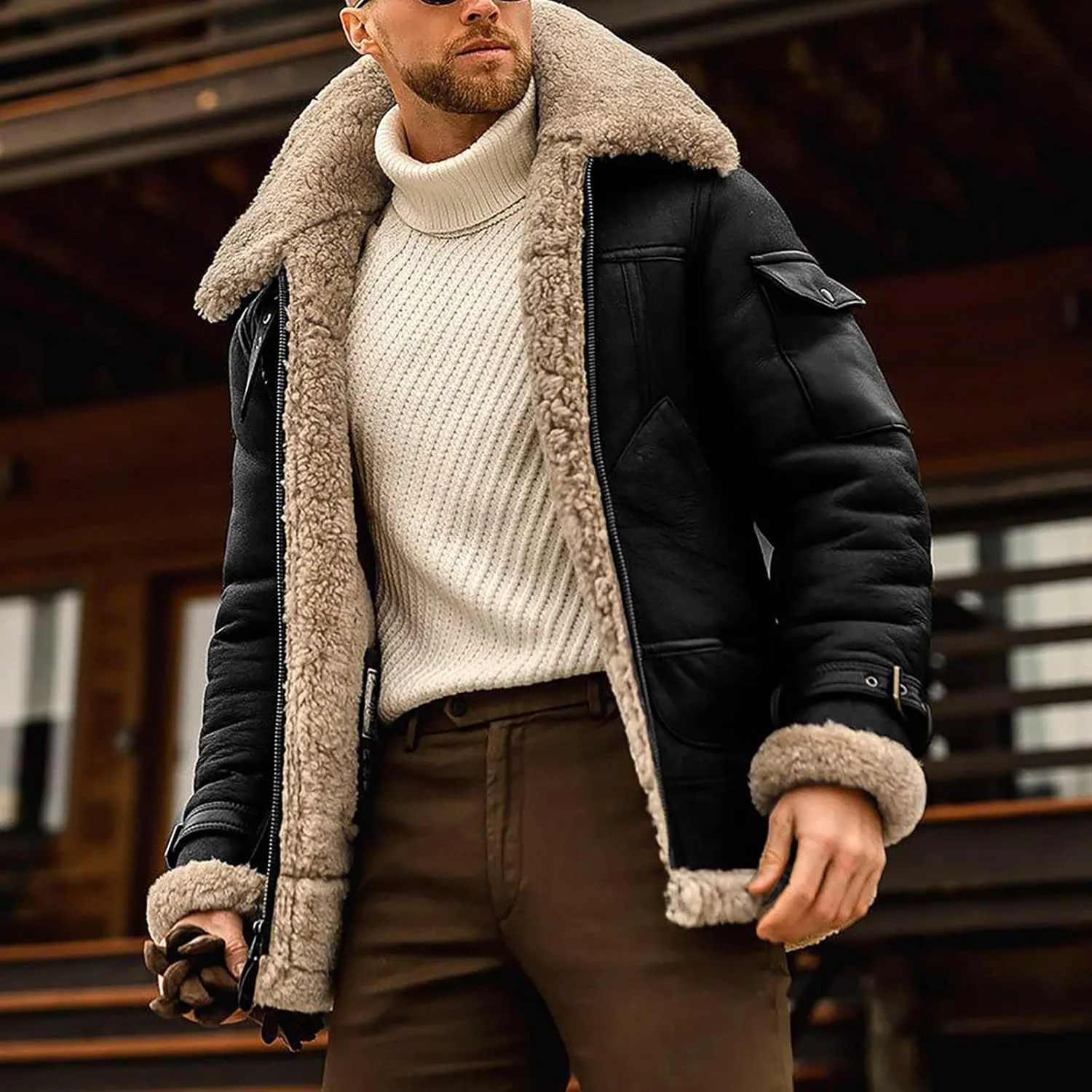 Puffy Jackets Winter Coat For Men Faux Suede Fur Jacket Lapel Heavyweight Thicken Thermal Sherpa Lined Overcoat