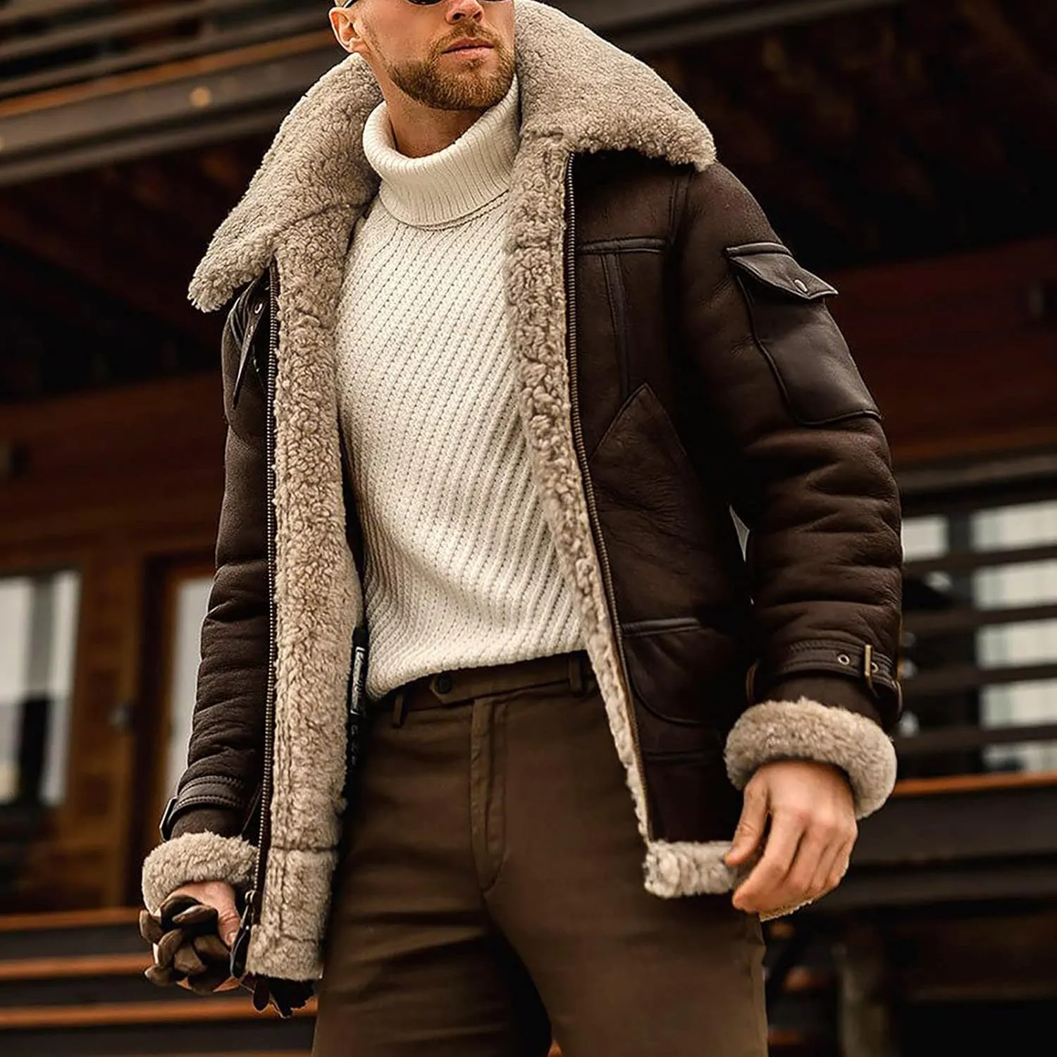 Puffy Jackets Winter Coat For Men Faux Suede Fur Jacket Lapel Heavyweight Thicken Thermal Sherpa Lined Overcoat