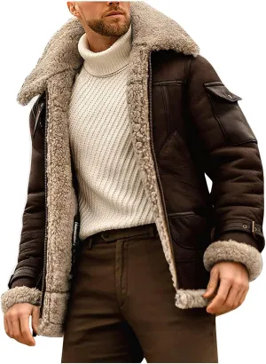 Puffy Jackets Winter Coat For Men Faux Suede Fur Jacket Lapel Heavyweight Thicken Thermal Sherpa Lined Overcoat