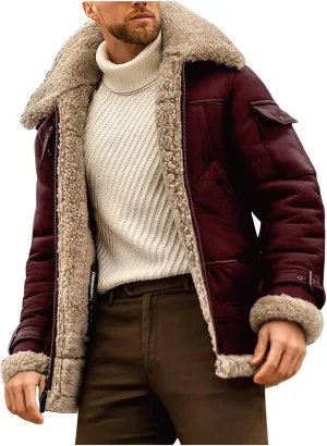 Puffy Jackets Winter Coat For Men Faux Suede Fur Jacket Lapel Heavyweight Thicken Thermal Sherpa Lined Overcoat
