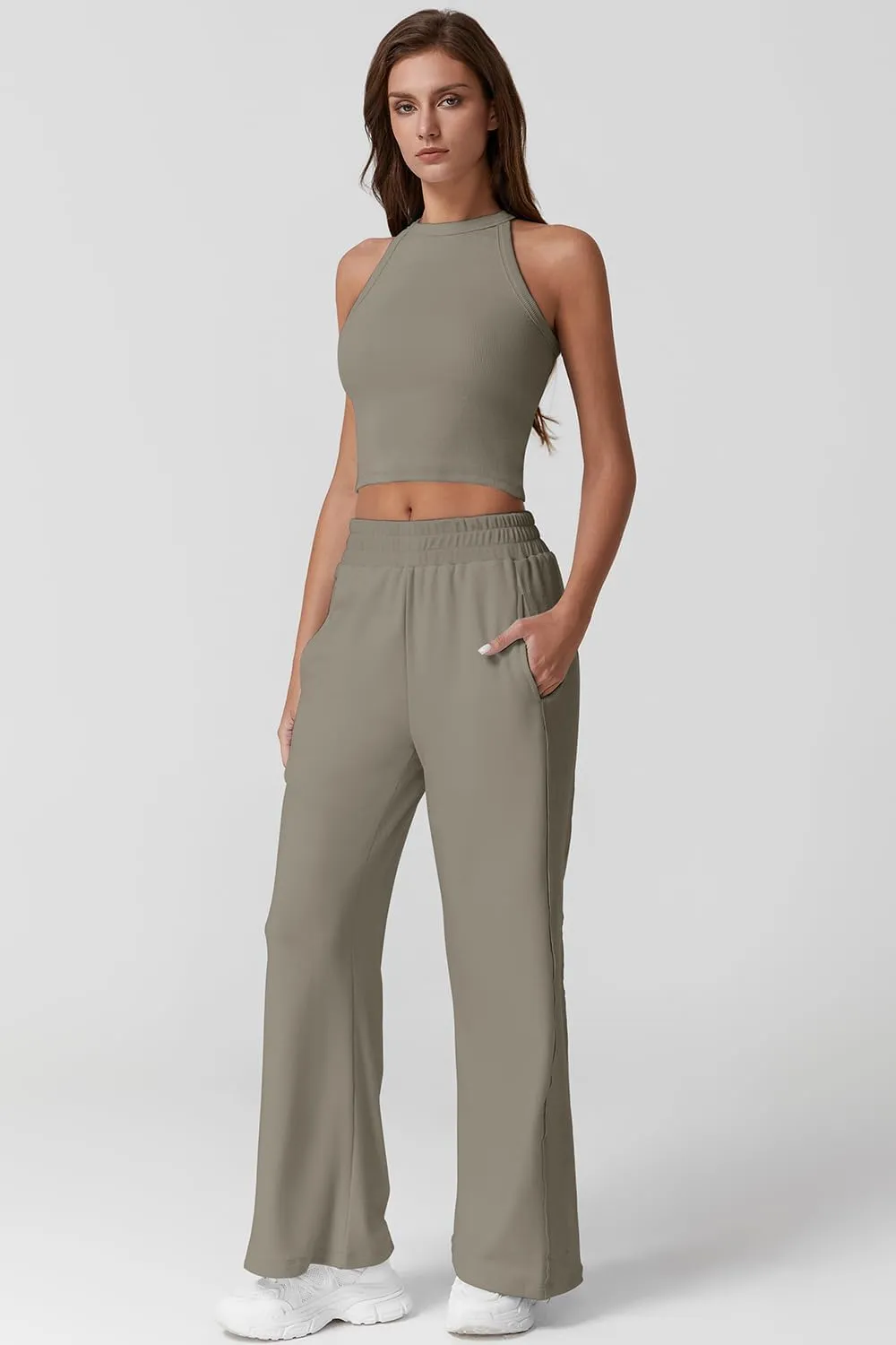 QINSEN Women's 2 Piece Sets Summer Ribbed Knit Crop Tank Tops Wide Leg Pants Sleeveless Tracksuit