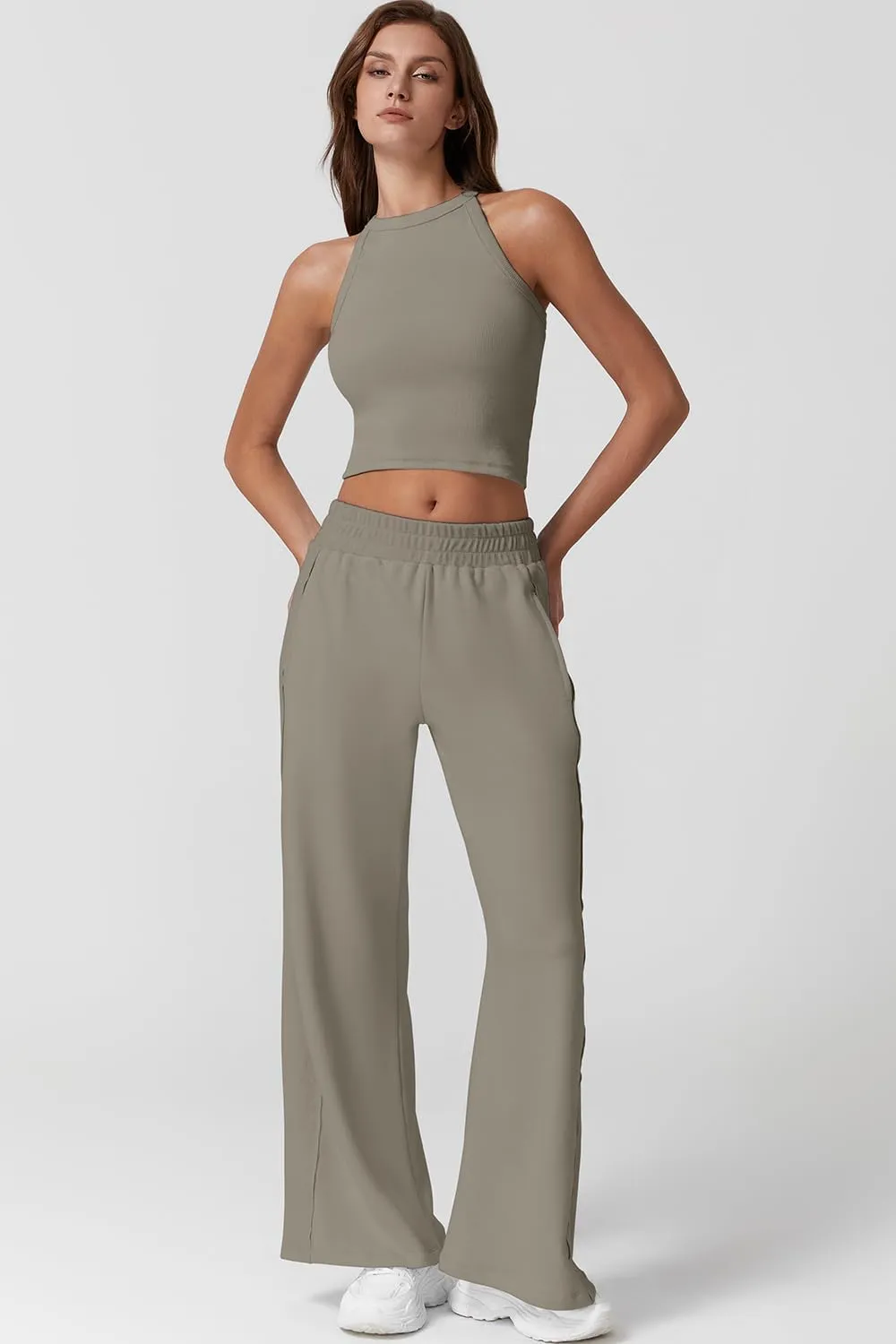 QINSEN Women's 2 Piece Sets Summer Ribbed Knit Crop Tank Tops Wide Leg Pants Sleeveless Tracksuit