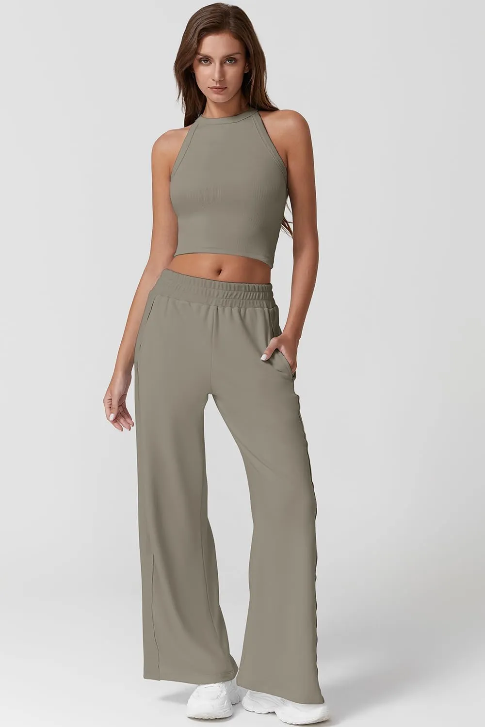 QINSEN Women's 2 Piece Sets Summer Ribbed Knit Crop Tank Tops Wide Leg Pants Sleeveless Tracksuit