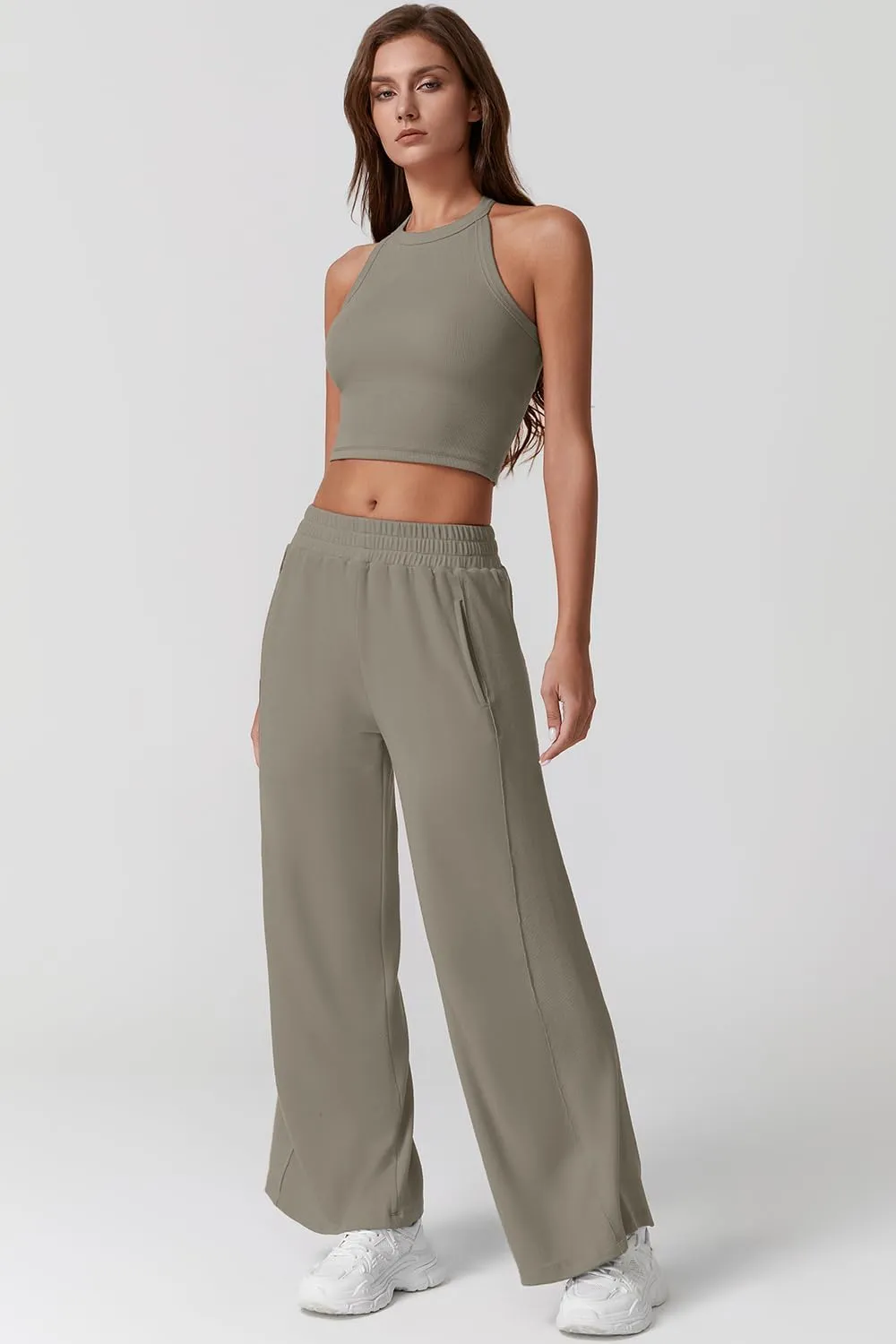 QINSEN Women's 2 Piece Sets Summer Ribbed Knit Crop Tank Tops Wide Leg Pants Sleeveless Tracksuit