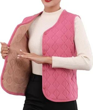 Quilted Puffer Vest for Women Button Down V Neck Coats Casual Sleeveless Padded Cotton Coats Warm Winter Gilet