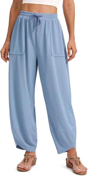 SANTINY Wide Leg Pants Woman Baggy Lightweight Waffle Knit Casual Drawstring Elastic Waisted Palazzo Harem Pants with Pockets