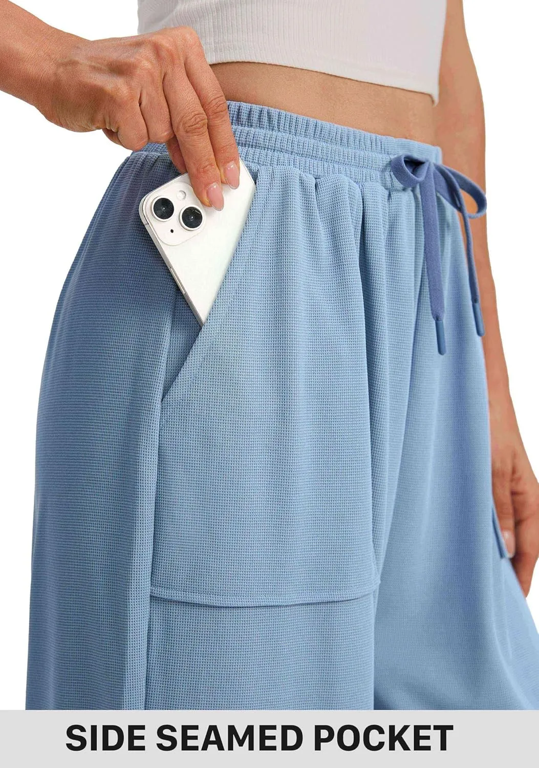 SANTINY Wide Leg Pants Woman Baggy Lightweight Waffle Knit Casual Drawstring Elastic Waisted Palazzo Harem Pants with Pockets