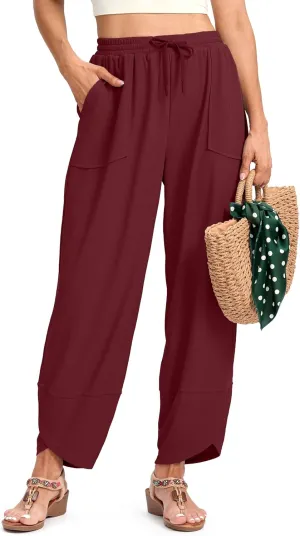 SANTINY Wide Leg Pants Woman Baggy Lightweight Waffle Knit Casual Drawstring Elastic Waisted Palazzo Harem Pants with Pockets