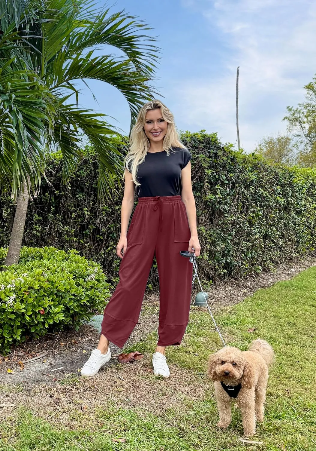 SANTINY Wide Leg Pants Woman Baggy Lightweight Waffle Knit Casual Drawstring Elastic Waisted Palazzo Harem Pants with Pockets