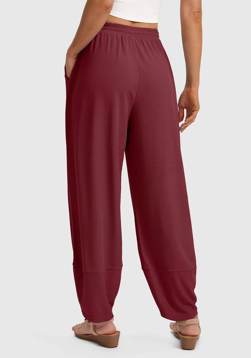 SANTINY Wide Leg Pants Woman Baggy Lightweight Waffle Knit Casual Drawstring Elastic Waisted Palazzo Harem Pants with Pockets