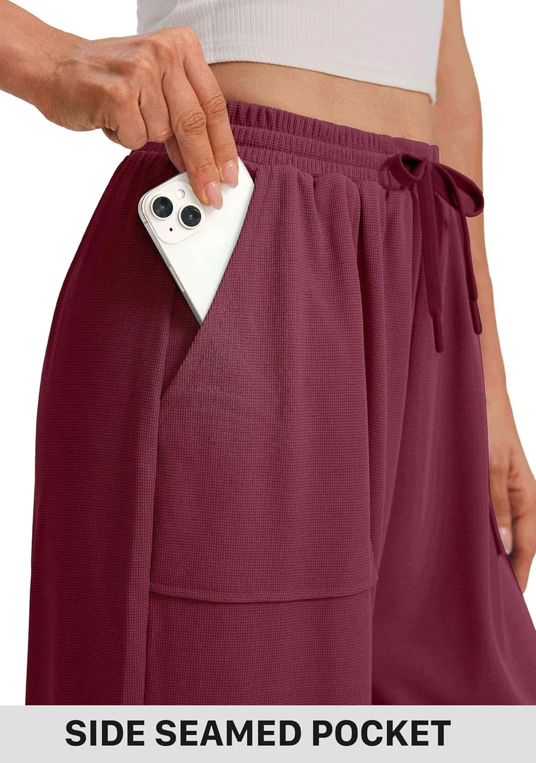 SANTINY Wide Leg Pants Woman Baggy Lightweight Waffle Knit Casual Drawstring Elastic Waisted Palazzo Harem Pants with Pockets