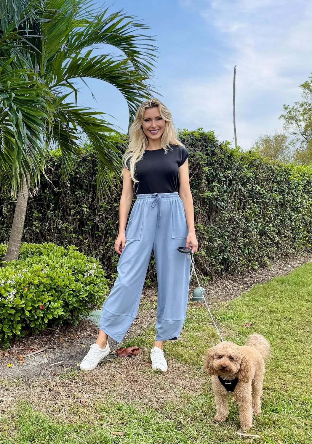 SANTINY Wide Leg Pants Woman Baggy Lightweight Waffle Knit Casual Drawstring Elastic Waisted Palazzo Harem Pants with Pockets