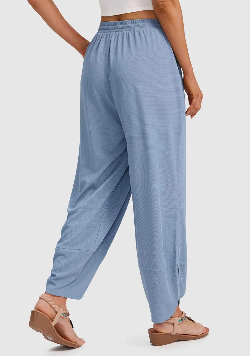 SANTINY Wide Leg Pants Woman Baggy Lightweight Waffle Knit Casual Drawstring Elastic Waisted Palazzo Harem Pants with Pockets