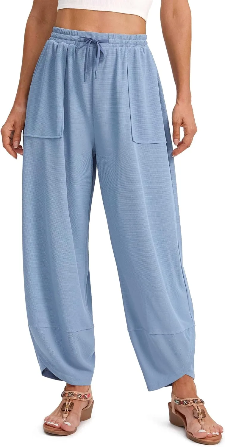 SANTINY Wide Leg Pants Woman Baggy Lightweight Waffle Knit Casual Drawstring Elastic Waisted Palazzo Harem Pants with Pockets
