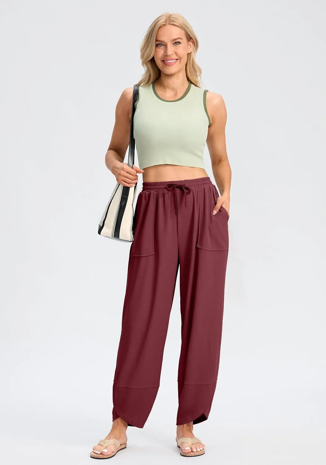 SANTINY Wide Leg Pants Woman Baggy Lightweight Waffle Knit Casual Drawstring Elastic Waisted Palazzo Harem Pants with Pockets