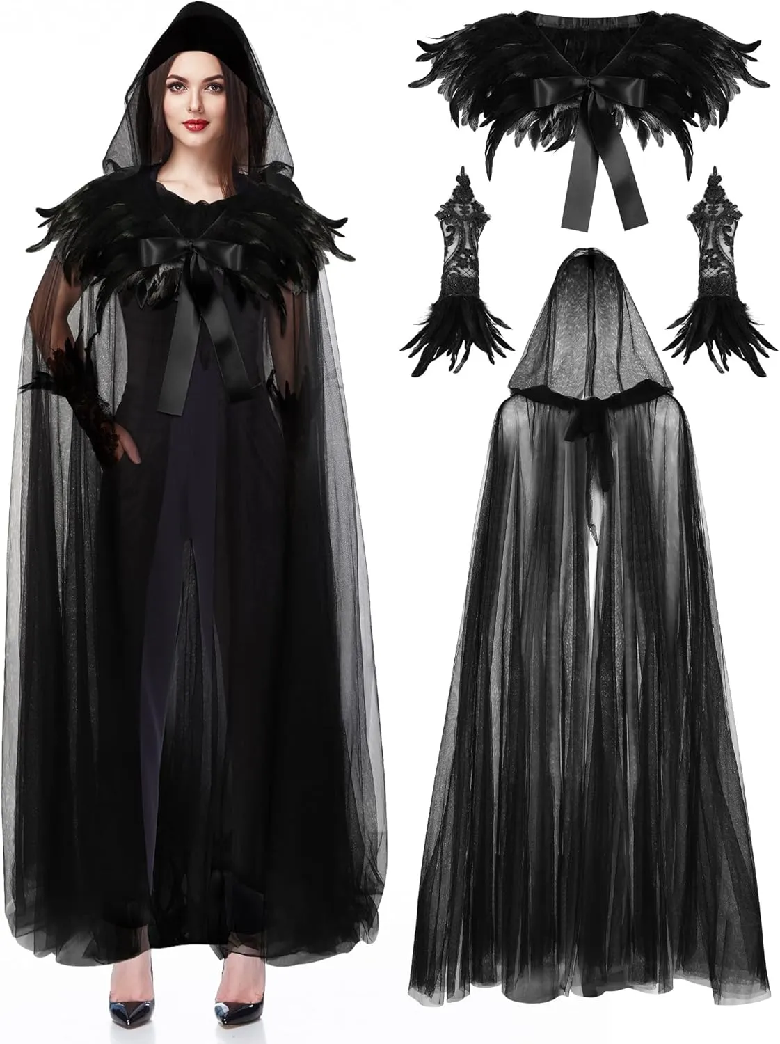 SATINIOR 3 Pack Witch Hooded Cloak Halloween Hooded Cape Witch Costume Set Natural Feather Shawl Lace Long Glove Evil Cosplay