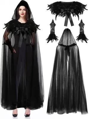 SATINIOR 3 Pack Witch Hooded Cloak Halloween Hooded Cape Witch Costume Set Natural Feather Shawl Lace Long Glove Evil Cosplay