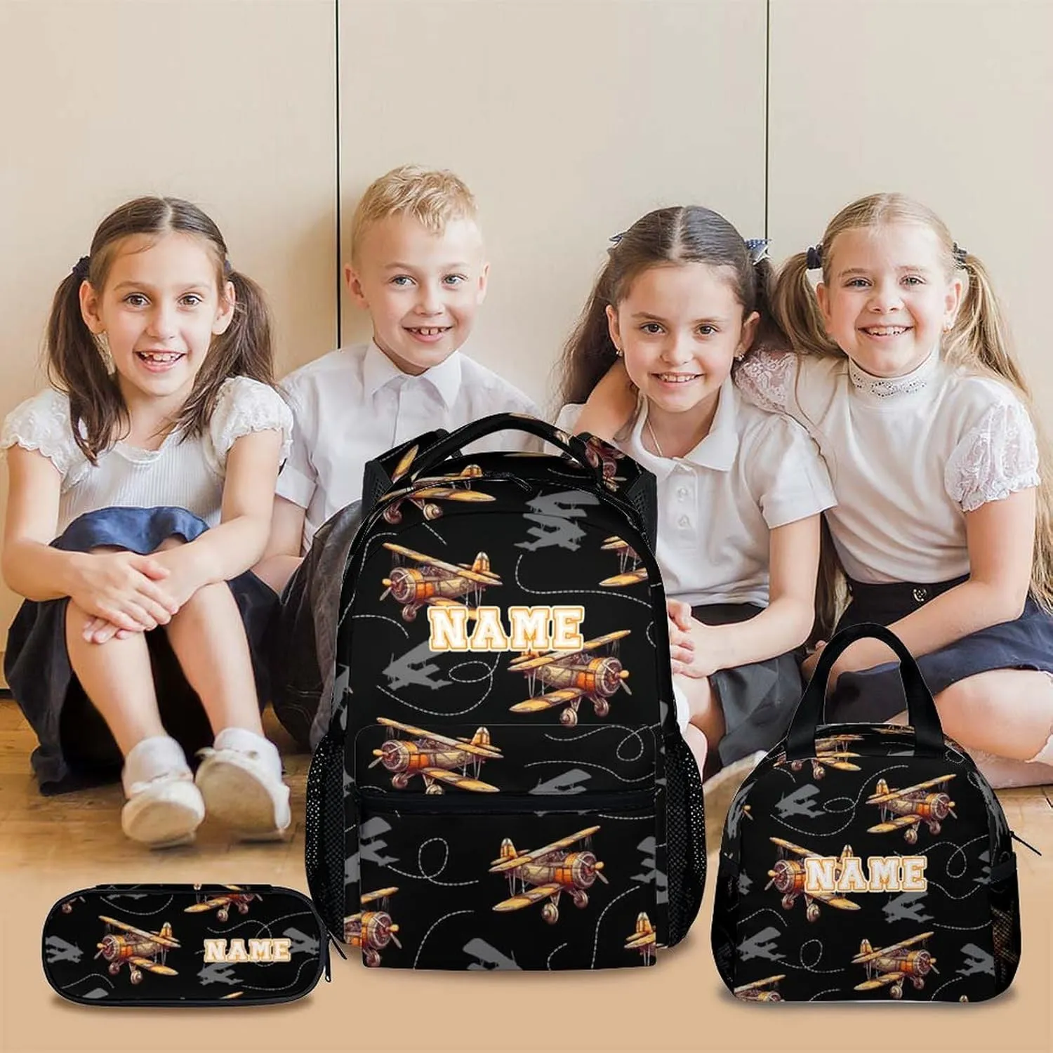 School Backpack for Boys, Set of 3 Custom Schoolbag for Kids Kindergarten Elementary Primary Middle College, 17 Inch Personalized Large Capacity Durable Airplane Bookbag