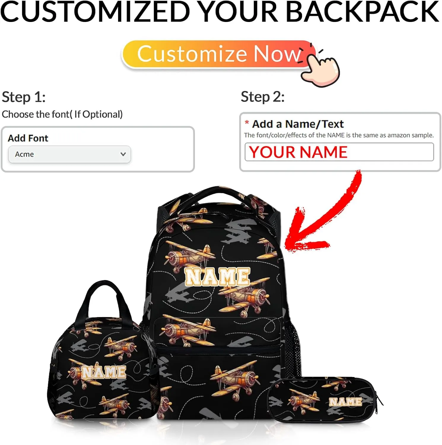 School Backpack for Boys, Set of 3 Custom Schoolbag for Kids Kindergarten Elementary Primary Middle College, 17 Inch Personalized Large Capacity Durable Airplane Bookbag