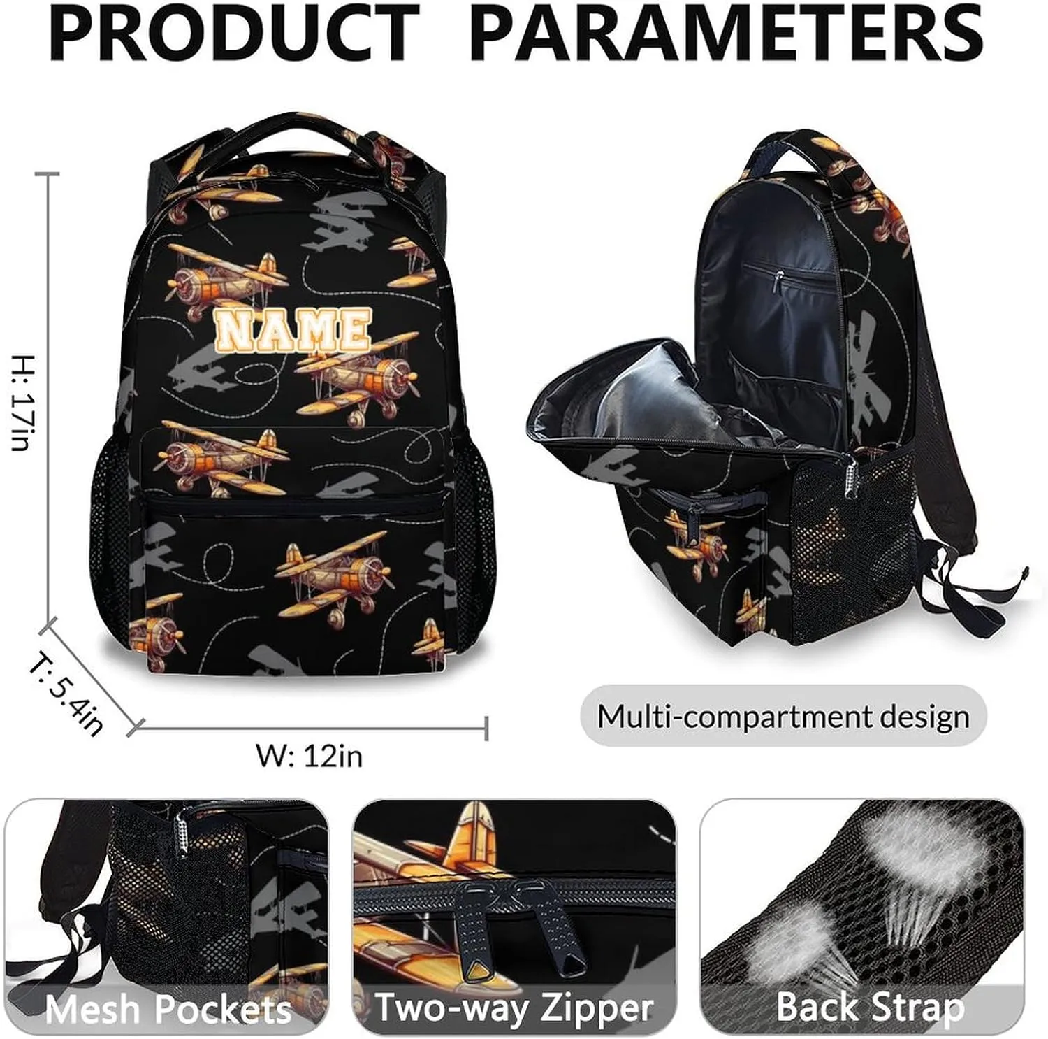 School Backpack for Boys, Set of 3 Custom Schoolbag for Kids Kindergarten Elementary Primary Middle College, 17 Inch Personalized Large Capacity Durable Airplane Bookbag