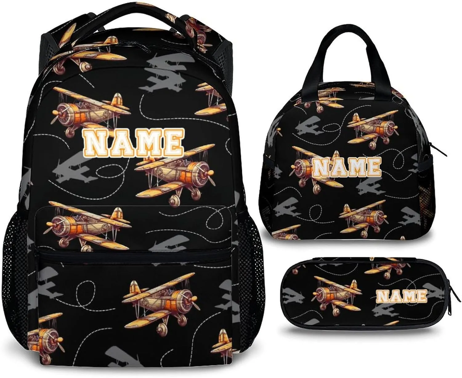 School Backpack for Boys, Set of 3 Custom Schoolbag for Kids Kindergarten Elementary Primary Middle College, 17 Inch Personalized Large Capacity Durable Airplane Bookbag
