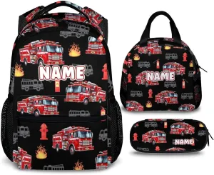 School Backpack for Kids, Set of 3 Custom Fire Truck Backpacks for Boys Kindergarten Elementary Primary Middle College. 17 Inch Personalized Durable Cool Bookbag for Travel