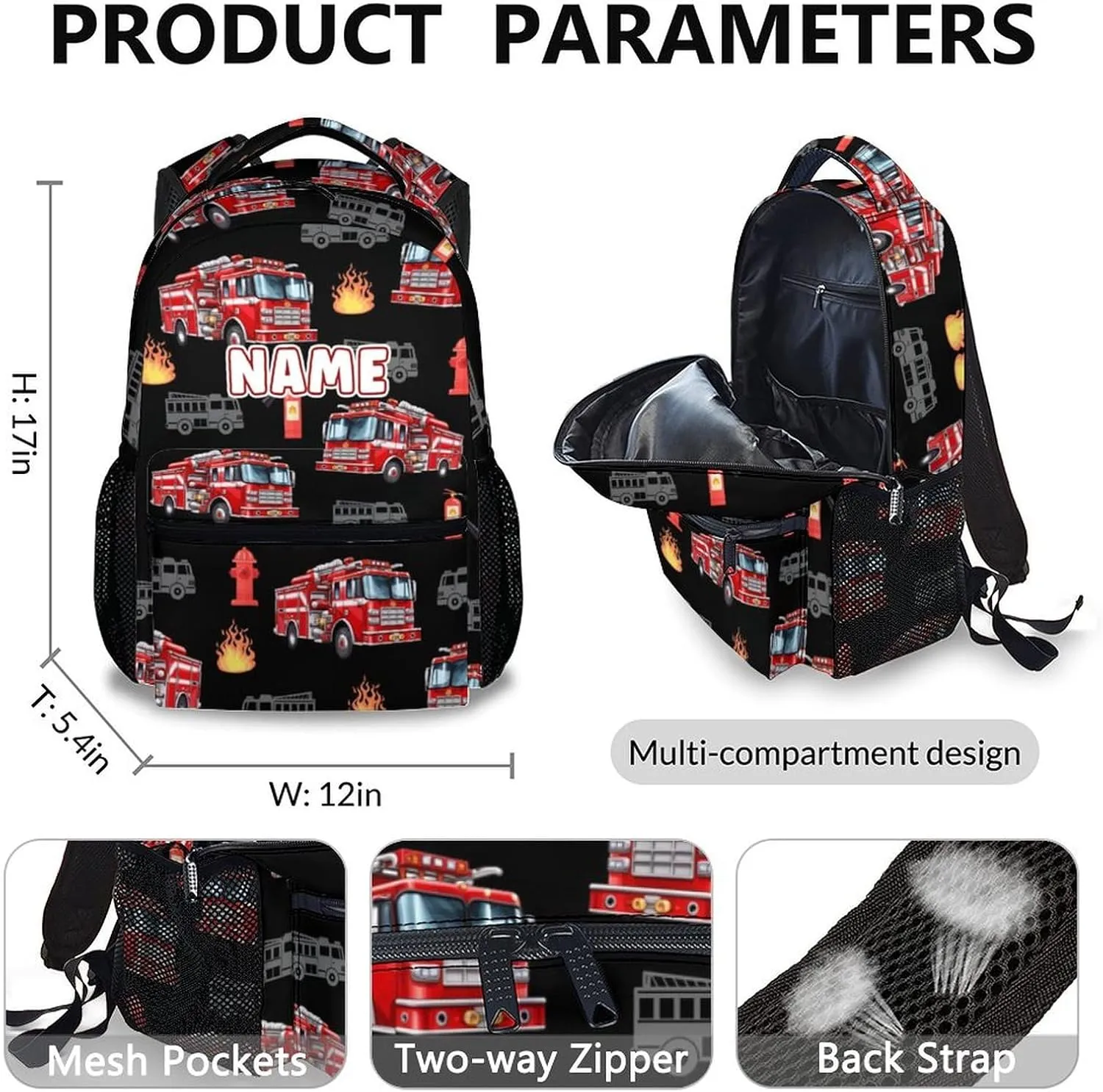 School Backpack for Kids, Set of 3 Custom Fire Truck Backpacks for Boys Kindergarten Elementary Primary Middle College. 17 Inch Personalized Durable Cool Bookbag for Travel