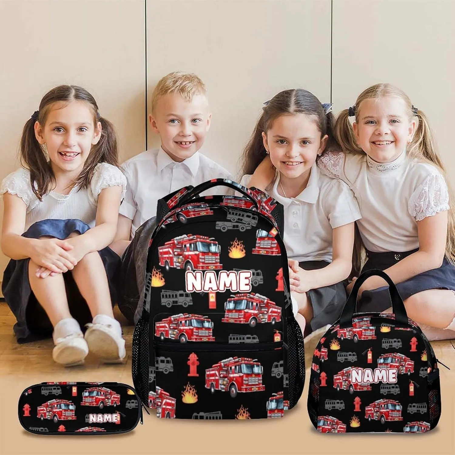 School Backpack for Kids, Set of 3 Custom Fire Truck Backpacks for Boys Kindergarten Elementary Primary Middle College. 17 Inch Personalized Durable Cool Bookbag for Travel