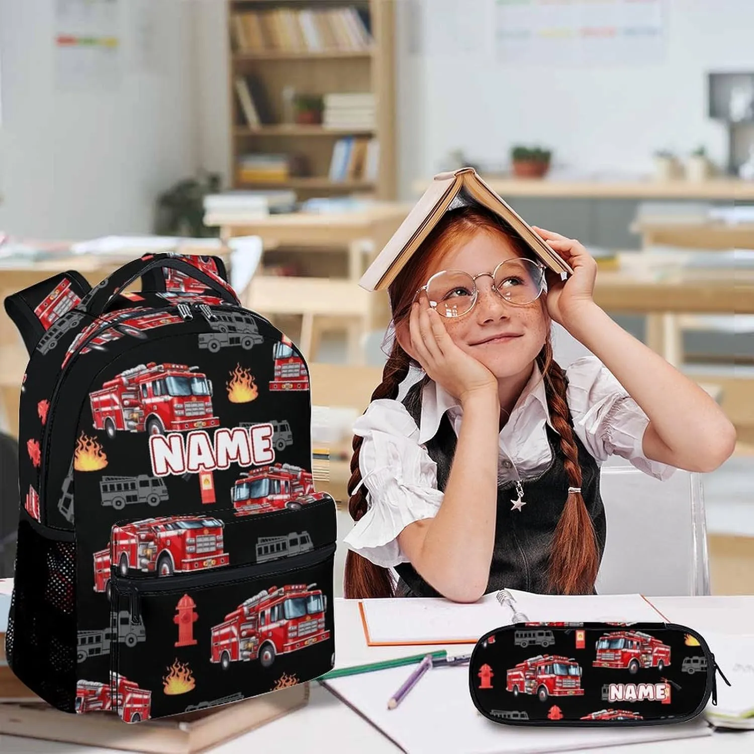 School Backpack for Kids, Set of 3 Custom Fire Truck Backpacks for Boys Kindergarten Elementary Primary Middle College. 17 Inch Personalized Durable Cool Bookbag for Travel