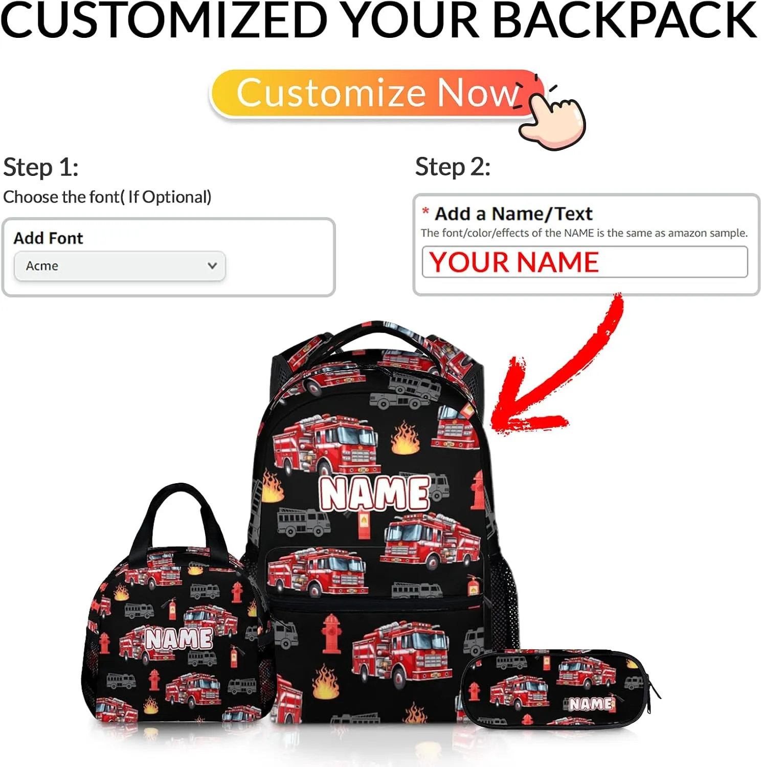 School Backpack for Kids, Set of 3 Custom Fire Truck Backpacks for Boys Kindergarten Elementary Primary Middle College. 17 Inch Personalized Durable Cool Bookbag for Travel