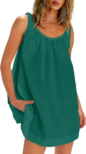SENSERISE Womens Linen Mini Dress Sleeveless Babydoll Dress Tank Short Sundress Loose Summer Beach Outfits with Pockets