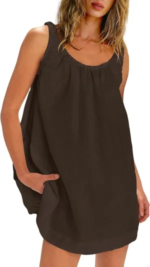 SENSERISE Womens Linen Mini Dress Sleeveless Babydoll Dress Tank Short Sundress Loose Summer Beach Outfits with Pockets