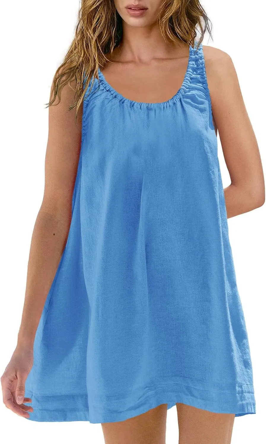SENSERISE Womens Linen Mini Dress Sleeveless Babydoll Dress Tank Short Sundress Loose Summer Beach Outfits with Pockets