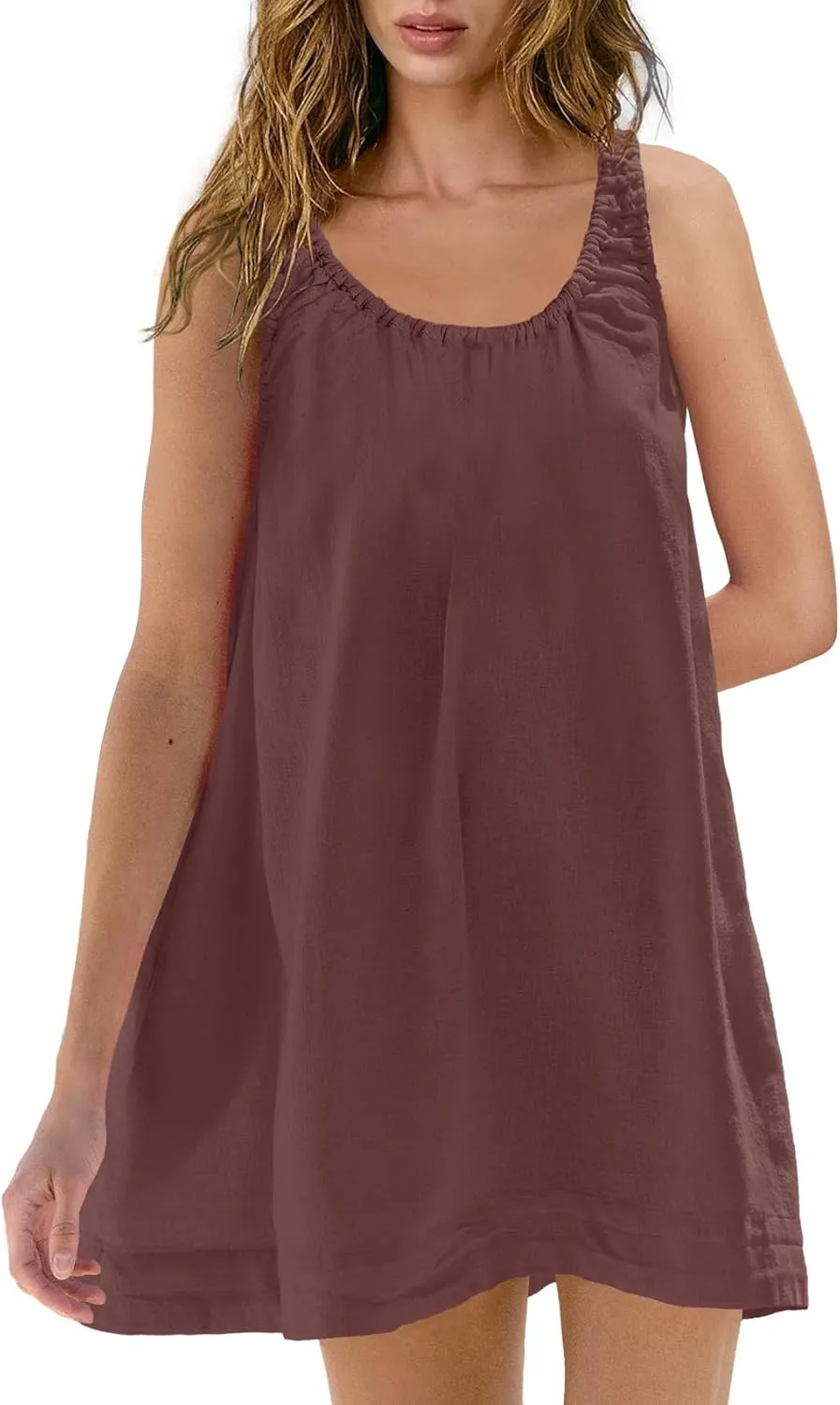 SENSERISE Womens Linen Mini Dress Sleeveless Babydoll Dress Tank Short Sundress Loose Summer Beach Outfits with Pockets