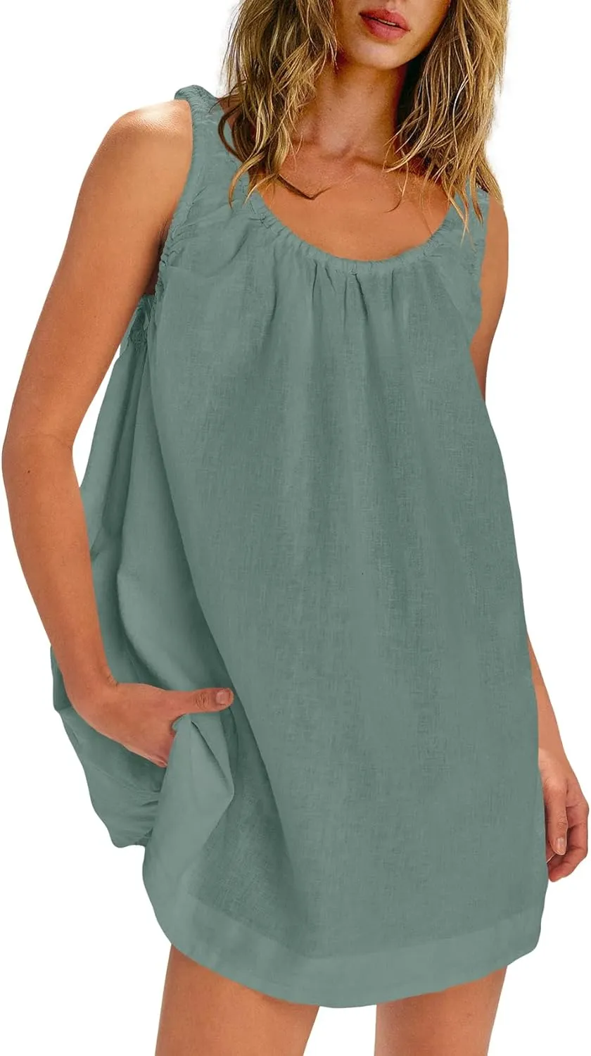 SENSERISE Womens Linen Mini Dress Sleeveless Babydoll Dress Tank Short Sundress Loose Summer Beach Outfits with Pockets