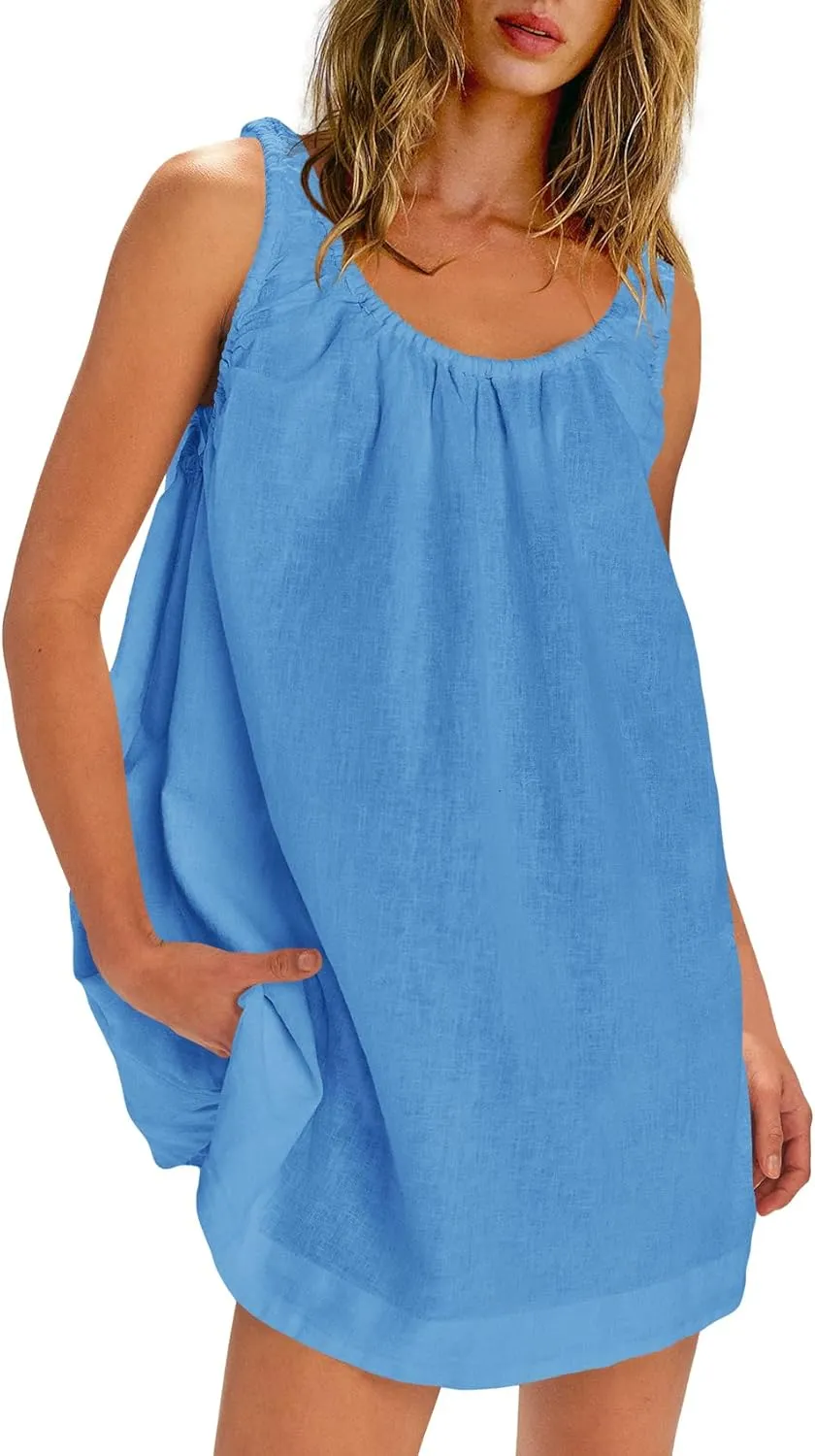 SENSERISE Womens Linen Mini Dress Sleeveless Babydoll Dress Tank Short Sundress Loose Summer Beach Outfits with Pockets