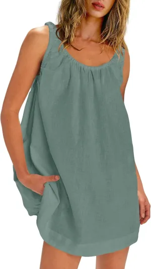 SENSERISE Womens Linen Mini Dress Sleeveless Babydoll Dress Tank Short Sundress Loose Summer Beach Outfits with Pockets