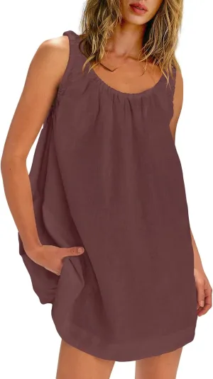 SENSERISE Womens Linen Mini Dress Sleeveless Babydoll Dress Tank Short Sundress Loose Summer Beach Outfits with Pockets