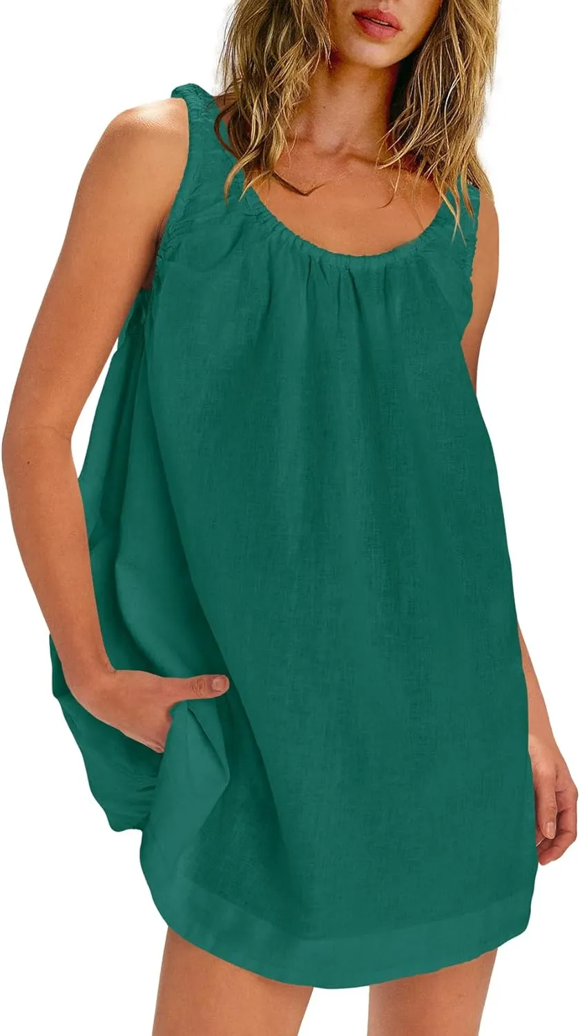 SENSERISE Womens Linen Mini Dress Sleeveless Babydoll Dress Tank Short Sundress Loose Summer Beach Outfits with Pockets