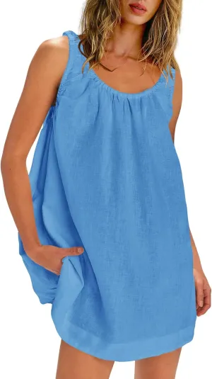 SENSERISE Womens Linen Mini Dress Sleeveless Babydoll Dress Tank Short Sundress Loose Summer Beach Outfits with Pockets